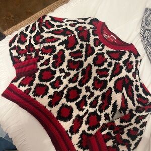 MOTHER Leopard-Print Crewneck Sweater in Red, Black & Cream